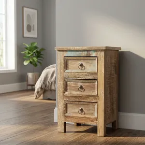 Table d'appoint rustique ancienne en bois à 3 tiroirs, meuble de rangement pour chevet, chambre à coucher, salon, entrée, maison de style farmhouse - Product Image 6
