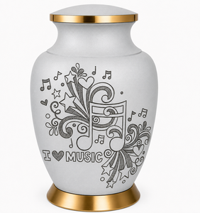 Urne funéraire élégante blanc nacré avec gravure d'instruments de musique, rangement commémoratif haut de gamme pour les amoureux de la musique et les musiciens, écologique - Product Image 2
