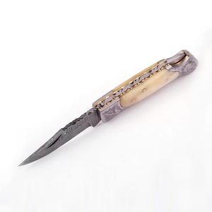Cuchillo de bolsillo Burraq hecho a mano de acero de Damasco con punta recta de 7 pulgadas, mango de resina, funda de cuero, opciones OEM/ODM/DIY para exteriores - Product Image 2