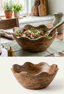 <b>Rustic</b> Scalloped Edge Wooden Salad Bowl – Organic Hand-Carved Tabletop Centerpiece & Fruit Holder - Product Image 5