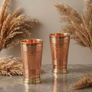 Copper <b>Glass</b> <b>Tumbler</b> Ribbed Collar Design Hammered Body Drinking Cup Traditional Copper Water <b>Glass</b> For Home And Dining - Product Image 1