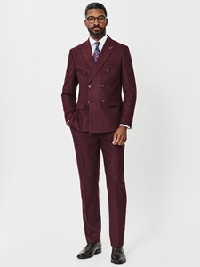 Costume d'affaires homme croisé en polyester/coton, grande taille, bordeaux, col cranté, coupe ajustée, style britannique, pantalon à devant plat - Product Image 1