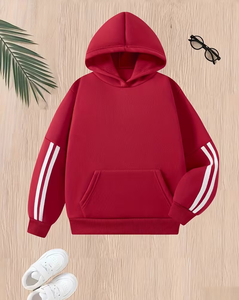 Red Hooded Fleece Breathable Sweatshirt for Children Casual Winter Wear Knitted Regular Sleeve Lined - Product Image 1