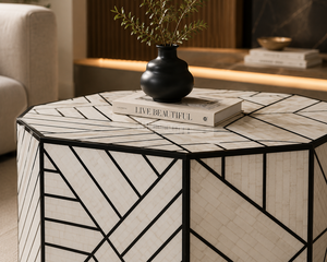 Modern MOP Inlay Handmade Round Wood Coffee <b>Table</b> <b>White</b> Black Geometric Living Room Furniture Center <b>Table</b> for Hotel - Product Image 3