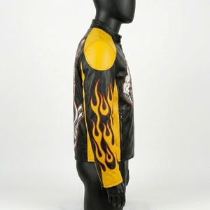 <b>Yellow</b> Distressed Quarantine Zone Zombie Outbreak Biker Leather Jacket Danger Caution Graphic Men Outerwear <b>Coat</b> - Product Image 3