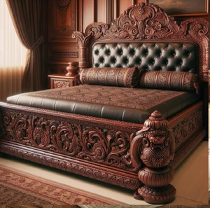 Lit de style victorien grandiose avec panneaux en cuir capitonnés foncés et sculptures en bois ornées. Disponible aux prix de gros. - Product Image 5