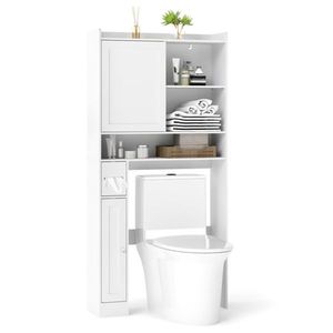 Meuble de rangement blanc pour toilettes avec 1 étagère supérieure, 2 armoires fermées, dimensions 32,5'x10'x67,5", porte-papier toilette inclus - Product Image 1