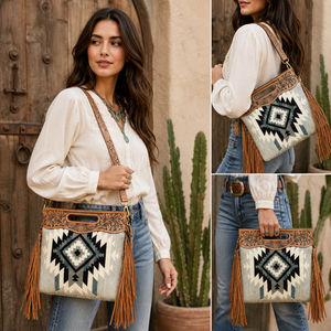 Sac à main en cuir et laine tissé à la main avec franges pour femmes |   Sac à bandoulière à motif géométrique en cuir de vachette |   Qualité d'exportation supérieure en provenance d'Inde - Product Image 4
