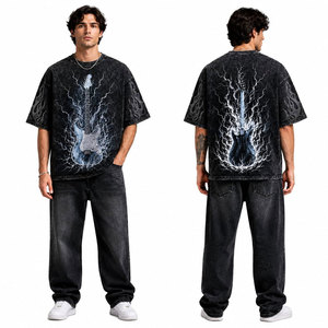 T-shirt pour homme avec strass, imprimé guitare électrique et éclairs, manches courtes, col rond, style streetwear, polyester/coton, haute qualité - Product Image 4