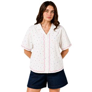 Camisa blanca de mujer con lunares bordados, manga corta, con botones, informal, de verano, de algodón, con cuello, blusa personalizada, tops de moda OEM - Product Image 1
