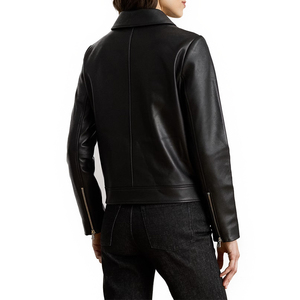 Chaqueta de Motociclista de Cuero Genuino para Mujer, Negra, Manga Larga, Cuello Camisero, Cierre de Cremallera, Estilo Otoñal - Product Image 3