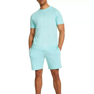 Ensemble t-shirt et short pour homme, col rond, couleur unie, tricot en coton et élasthanne, vêtements décontractés d'été, respirant et léger - Product Image 5