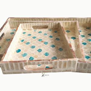 Plateau de service artisanal en MDF avec poignée en nacre, finition polie, élégant, compatible lave-vaisselle, pour une présentation alimentaire luxueuse - Product Image 4