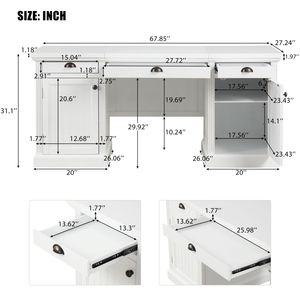 Escritorio blanco ejecutivo moderno de 67 pulgadas, estación de trabajo rectangular para oficina en casa, 2 armarios de almacenamiento, 3 cajones, mesa de lectura y escritura para la vida - Product Image 3