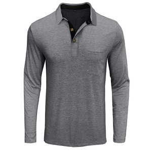 <b>Men's</b> Gray <b>Long</b> <b>Sleeve</b> <b>Polo</b> <b>Shirt</b> With Chest Pocket Casual Knitted Cotton Jersey Breathable Solid Color Regular Fit - Product Image 2