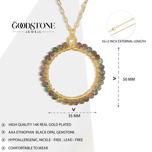 Rajasthan Black <b>Opal</b> Rondelle Charm Pendant <b>Necklace</b> 14K Gold Plated Sterling Silver Victorian Geometric Design for Women - Product Image 1