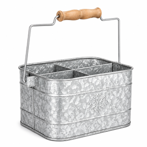 Galvanized Cutlery Holder with Wooden Handle Metal Utensil <b>Caddy</b> Flatware Organizer for <b>Kitchen</b> and Restaurant Table Supply - Product Image 1