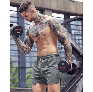 Shorts de sport pour homme gris à séchage rapide avec cordon de serrage, couleur unie, taille mi-haute, décontractés, en polyester tricoté - Product Image 6