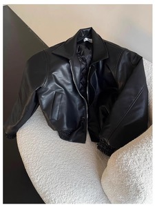 Men Women's Black PU <b>Leather</b> Bomber Jacket Full Sleeve Cropped Fit All Seasons Style - Product Image 2