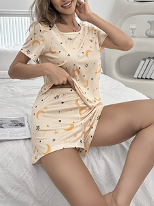 Women's Pajama Set Cozy Crew Neck Short Sleeve Top & Elastic Waist Shorts with Starry Night Print Soft Polyester Blend Perfect - Product Image 2
