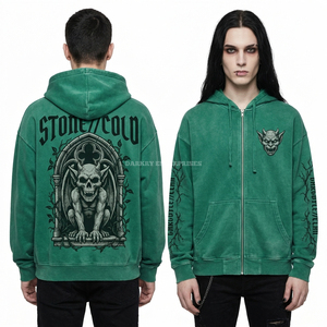 เสื้อฮู้ดซิปเต็มตัวสีเขียว 400GSM ลายกราฟิกโกธิค Stone Cold Gargoyle สำหรับผู้ชาย สไตล์สตรีทแวร์แบบฟอกสี ผ้าฟลีซ จากซัพพลายเออร์ - Product Image 1