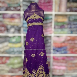 Tela de Encaje George con Cuentas Moradas, Bordado Dorado y Pedrería |   Vestido de Novia Nigeriano de Lujo - Product Image 1