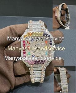 Montre chronographe en or blanc bicolore avec diamants Moissanite VVS colorés, verre carré en cristal, résistance à l'eau 10 bars, acier inoxydable - Product Image 4