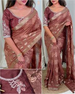 Raksha Bandhan Special Ladies Wear Digital Printed Tussar <b>Linen</b> Fabric 5.5 MTR Long Length Fashionable Saree With <b>Blouse</b> Work - Product Image 3