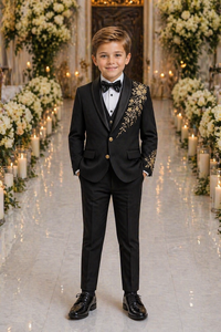 Custom Boys Black Tuxedo Suit with Gold Floral Embroidery Formal Wedding Party Suit for Kids <b>Ring</b> Bearer Prom Outfit - Product Image 3