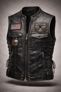 Gilet de motard en cuir véritable écologique pour homme, avec patch tête de mort brodé, design au dos, style moto, garniture en fourrure, vêtement d'extérieur d'automne - Product Image 3