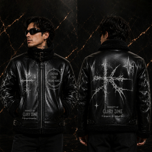 Custom Men's Black Leather Biker <b>Jacket</b> With Cross Print <b>Sherpa</b> <b>Lined</b> Winter Moto <b>Jacket</b> Zipper Closure For Unisex - Product Image 4