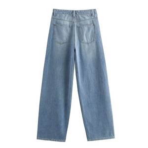 Jean cargo droit pour femme, taille mi-haute, coupe régulière, en denim bleu tie-dye, avec revers à volants, boutons, style designer, streetwear décontracté - Product Image 1