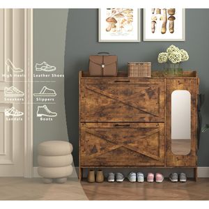 Rustic Freestanding Entryway Shoe <b>Storage</b> Cabinet with <b>2</b> Flip <b>Drawers</b> Narrow Metal Leg Organizer Rack - Product Image 2