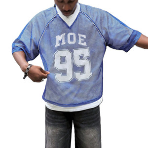 เสื้อเจอร์ซีย์อเมริกันฟุตบอลสไตล์สตรีทแวร์สุดเทรนดี้ สีน้ำเงินตาข่าย ทรงโอเวอร์ไซส์ คอวี แขนราแกลน สำหรับผู้ชาย สไตล์ฮิปฮอป สตรีทแวร์ แฟชั่น Y2K เสื้อทีม OEM - Product Image 1