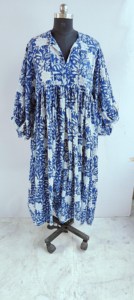 Women's Blue <b>White</b> Floral Handprint Cotton Midi Dress With Tie-Neck And Short Puff Sleeve Boho Summer Dress - Product Image 6