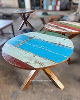Table à manger ronde artisanale en bois de bateau massif récupéré, pieds croisés, style rustique antique, 4 places, mobilier de maison, vente en gros pour hôtels