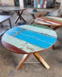 Mesa de Comedor Redonda de Madera de Teca Sólida Hecha a Mano, Patas Cruzadas, Multicolor, Rústica, Antigua, para 4 Personas, Muebles para el Hogar, Venta al por Mayor, Reciclada - Product Image 3