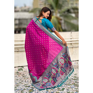 Saree de Seda Darbari Magenta con Tejido Zari, Bufandas y Chales Tradicionales, 700g, Tejidos de Primera Calidad - Product Image 4