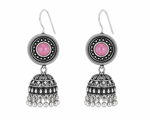 Boucles d'oreilles pendantes bohèmes en laiton et alliage de zinc, oxydées argentées, serties de pierres précieuses roses Monalisa, bijoux ethniques de mariage pour femme - Product Image 1