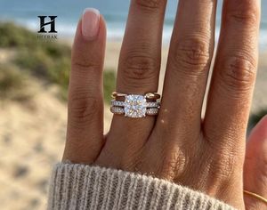 Luxury <b>Cushion</b> Cut Lab Grown Diamond Engagement <b>Ring</b> Set 3 Pieces Mixed Metal Yellow White Gold Bridal Stack - Product Image 4