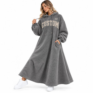 High Fashion Drop Shoulder Gray Fleece <b>Hooded</b> Maxi <b>Sweatshirt</b> <b>Dress</b> Custom Distressed Applique Letter Winter Fall Gown Tracksuit - Product Image 3