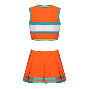 Ensemble uniforme de cheerleading style universitaire haut à manches longues jupe plissée dégradé de couleurs blocs de couleur personnalisés orné de strass - Product Image 4