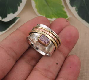 Bague de mariage classique en quartz rose de luxe, argent sterling 925, carrée, faite à la main, bijoux de mode pour femmes - Product Image 5