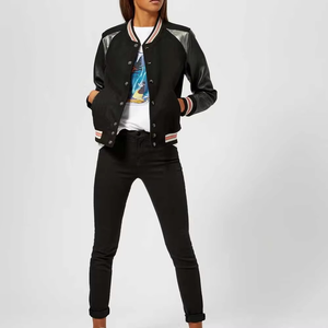Chaqueta Varsity de Lana Negra para Mujer, Diseño Color Block con Cuello Alto, Estilo Béisbol, Chaqueta Letterman Casual de Moda - Product Image 3