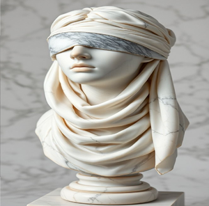 Modern white marble sculpture of a seated <b>nude</b> female figure bent forward over a rock pedestal. - Product Image 5