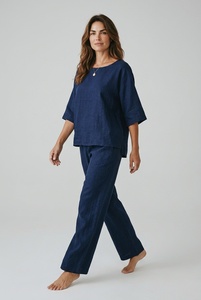 Ensemble deux pièces décontracté en coton extensible 2026, couleur unie, coupe longue minimaliste, respirant, col rond, coupe ample, pour usage quotidien - Product Image 1