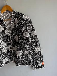 <b>Quilted</b> Floral Print Women's <b>Jacket</b> Three Quarter Sleeve V-Neck Autumn Style Black White <b>Patterned</b> Button Closure gift for her - Product Image 3
