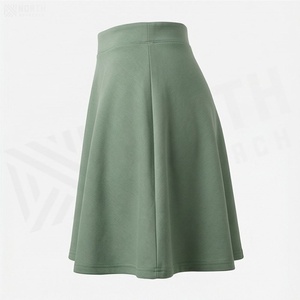 Jupe courte trapèze pour femme, couleur unie, taille élastique, confortable, décontractée, en tricot de coton et élasthanne, verte, toutes saisons - Product Image 3