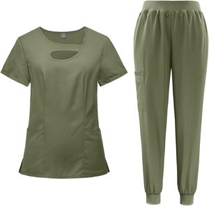 Unisex Olive Green Denim Scrub Set Short Sleeve <b>Top</b> Pockets Elastic Waist Pants Hospital Uniforms Nurses Doctors - Product Image 1