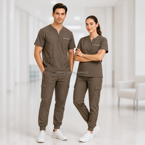Ensemble de blouses médicales unisexe en coton et polyester tissé marron avec poches et fermeture éclair sur le devant - Product Image 1